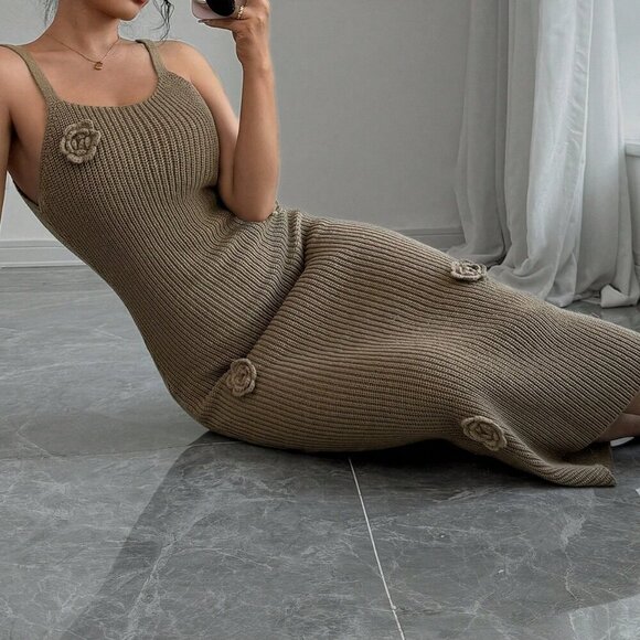 Coffee Brown Casual Women's Floral Camisole Sweater Dress And Cardigan Set - Picture 6 of 6